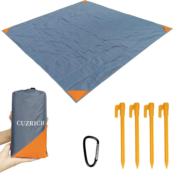 Pocket Beach Blanket Medium Foldable Picnic Mat Portable Lightweight Camping Tarp Tent Blankets Washable Rug Quick Dry Compact Beach Mats Hiking Outdoor Essentials (Gray/Orange 78"*83"/6.56ft×6.89ft)
