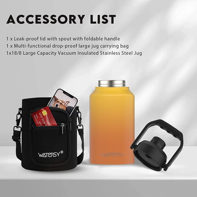 WATERSY 2/3 Gallon Water Bottle Insulated(Cold for 48 Hrs),BPA Free&Leak Proof,87oz Stainless Steel Water Jug/Flask,Big thermo,Large Water Bottle with Handle for Gym,Hiking,Camping,Yellow