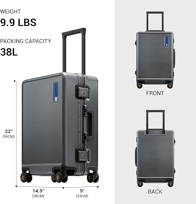 LEVEL8 Zipperless Carry On Luggage Airline Approved with Aluminum Frame, Hard Shell Suitcase with Spinner Wheels, Metal Checked Luggage, 20 Inch, Grey
