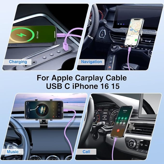USB C Car Charger for iPhone 17 16 15 Pro Max,40W Dual Port USB-C & USB-A Car Fast Charging Adapter, 2X6FT C to C Cable & A to C Carplay Cable for iPhone 17 16 15 Series/iPhone Air,iPad,Samsung-Purple