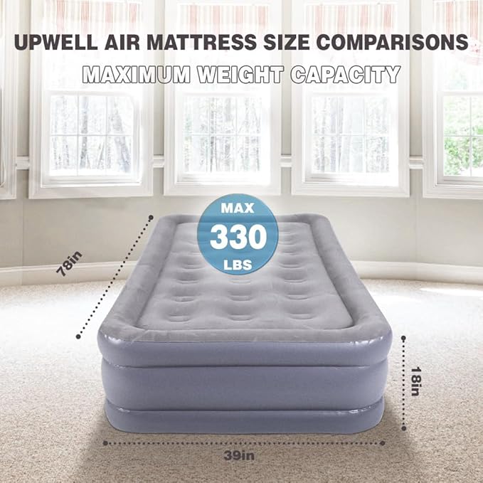 UPWELL Inflatable Air Mattress Twin with Built in Pump Comfort Blow up Bed Waterproof Fast&Easy Set up Dura Beam Strong Support Mattress for Home Guests & Camping Grey