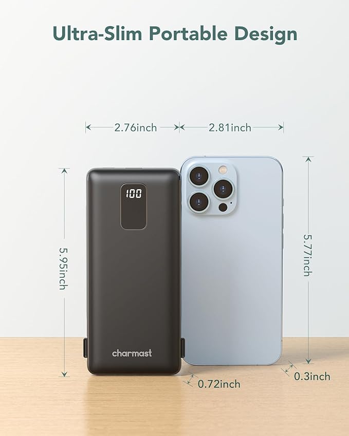 charmast Portable Charger with Built-in Cables & Wall Plug, 10000mAh Portable Power Bank, External Battery Pack Travel Essentials Compatible with iPhone 16/15/14/13, Samsung, iPad etc