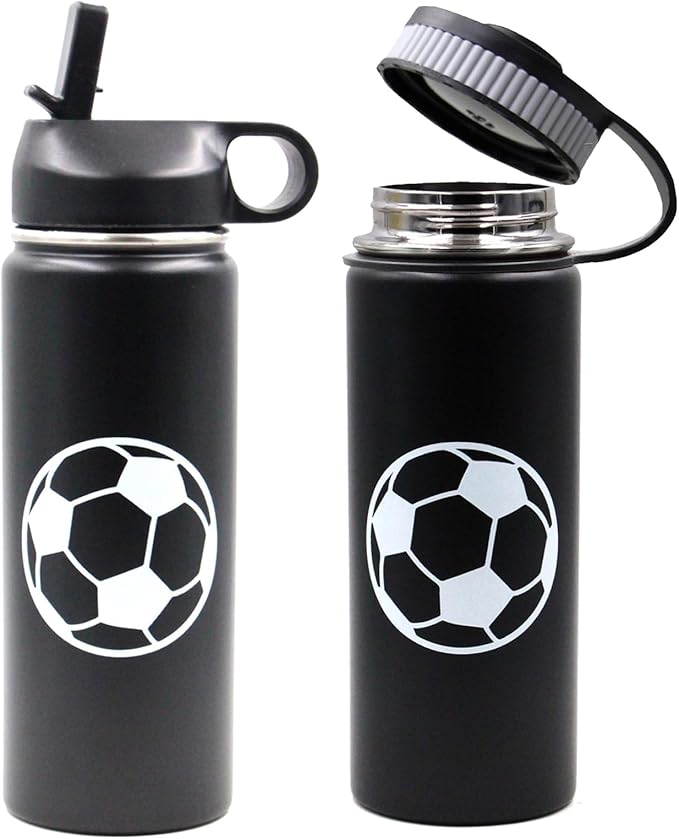 18 oz Soccer Water Bottle, Metal Sports Flask with 2 Lids, BPA-Free 18/8 Stainless Steel Leak Proof Travel Tumbler Double Wall Vacuum Insulated Water Bottles, Soccer Stuff Gifts for Boys Girls Players