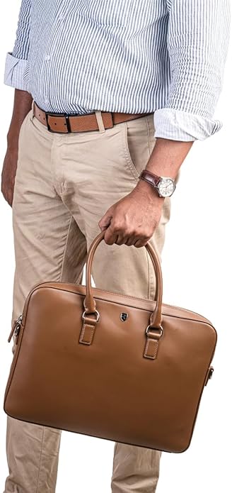REV_UP! Premium Leather Business Briefcase, Executive Laptop Bag with Dual Handles, Professional Office Document Carrier