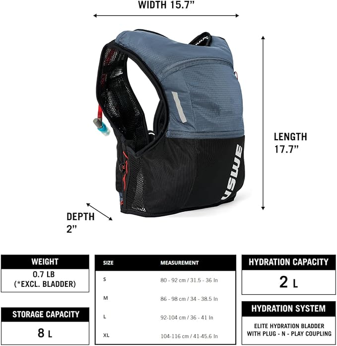 USWE Rush 8L Bike Hydration Vest, Adjustable Chest Straps Running Hydration Vest, 2.0L Hydration Bladder, Mountain Biking, Gravel & Cycling with Reflective Details, Men & Women