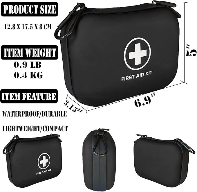 First Aid Kit 196 Piece Waterproof Hard Shell Eva Portable Survival Kit for Home, Camping, Cars, Hiking, Travel, Outdoor, Adventure Emergency Medical Kits (Black)