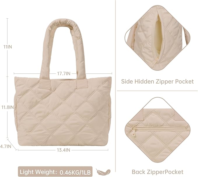 Puffer Tote Bag for Women, Quilted Bag with Zipper, Small Tote HandBags for Work, Travel