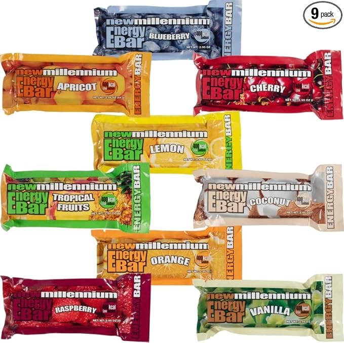 SOS Food Lab Emergency Food Bar (9 Energy Bars, 9 Assorted Flavors) - 400 Calorie, Low Sodium, Nutrient Dense Millenium Bar - Ready to Eat, 5 Year Shelf Life Survival Food for Disaster Preparedness