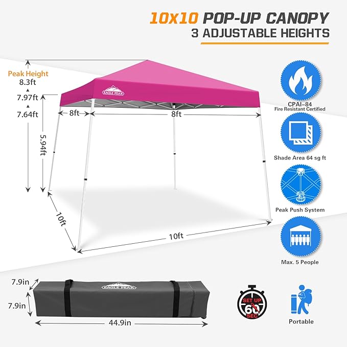EAGLE PEAK 10x10 Slant Leg Pop-up Canopy Tent Easy One Person Setup Instant Outdoor Beach Canopy Folding Portable Sports Shelter 10x10 Base 8x8 Top (Pink)