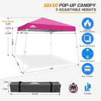 EAGLE PEAK 10x10 Slant Leg Pop-up Canopy Tent Easy One Person Setup Instant Outdoor Beach Canopy Folding Portable Sports Shelter 10x10 Base 8x8 Top (Pink)