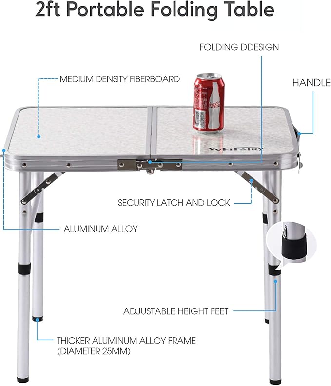 Folding Camp Table Small, 24''L x16''W with Adjustable Height Legs, Indoor Outdoor Lightweight Portable Aluminum Dining Table for Picnic Camping 2-Feet（2 Heights 10"/19"）