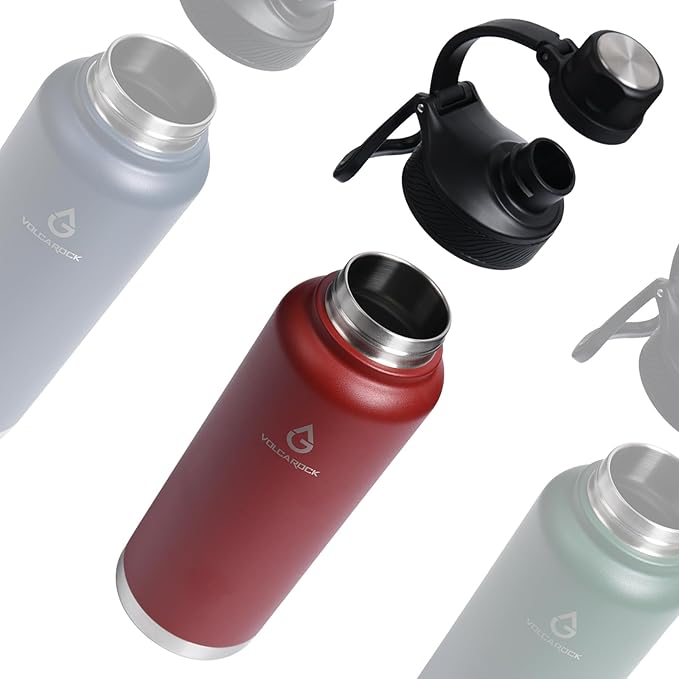 Insulated Sports Water Bottle with Straw Lid Dustproof, 3 Lids, 24/32/40/64 oz Dishwasher Safe & BPA Free Double Wall Stainless Steel Water bottle, Leakproof & Sweat Free -40 Oz Brick Red