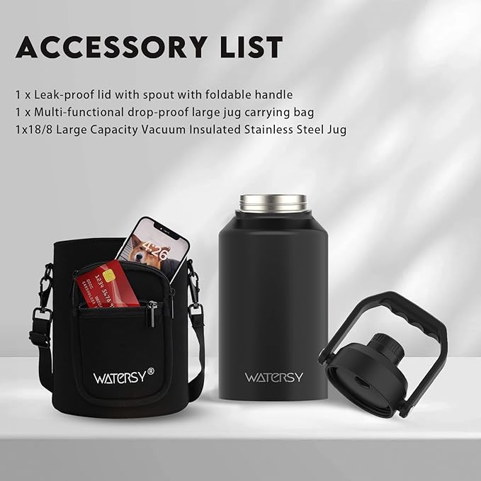 WATERSY 2/3 Gallon Water Bottle Insulated(Cold for 48 Hrs),BPA Free&Leak Proof,87oz Stainless Steel Water Jug/Flask,Big thermo,Large Water Bottle with Handle for Gym,Hiking,Camping,Black