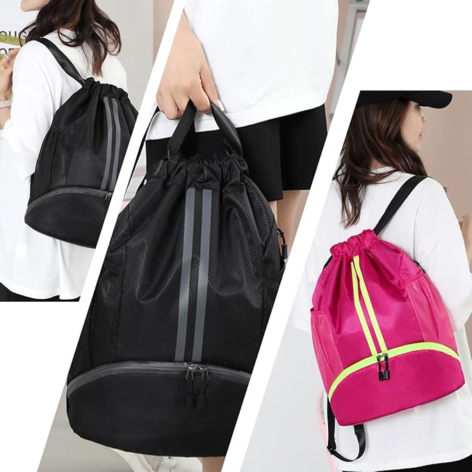 Valleycomfy Sports Drawstring Backpack - Water Resistant String Bag with Side Mesh Pockets Shoe Compartment Gym Backpack for Women & Men Rose