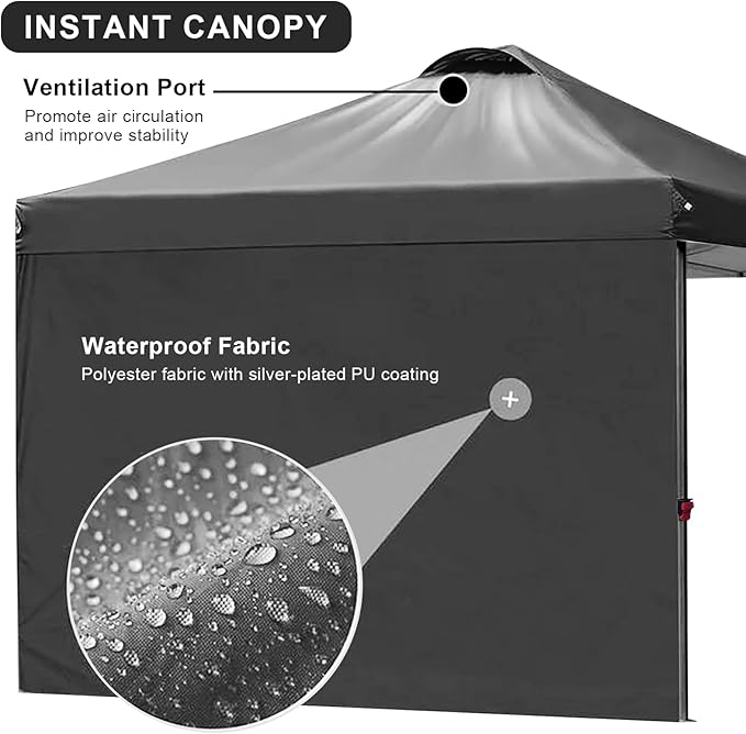 KAMPKEEPER 10x10 Pop Up Canopy Tent with 2 Sidewalls, Beach Tent - Easy Outdoor Sun Shade for Events, Parties, Camping - Gazebo with 4 Weight Bags & Carry Bag. (Black)