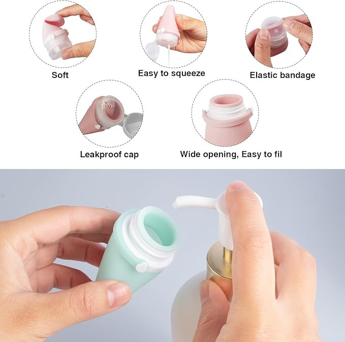 1oz Silicone Travel Bottles for Toiletries (4-Pack), TSA Approved Leakproof Toiletry Bottles with Locking Lid, Refillable Travel Size Containers for Shampoo, Body Wash, Camping & Trips (White,Pink)