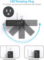 Surge Protector Outlet Extender with Rotating Plug, 6 AC Multi Plug Outlet with 4 USB Ports (2 USB C), 1800 Joules, 3-Sided Swivel Power Adapter with Spaced Outlet Splitter for Dorm, Office, Black