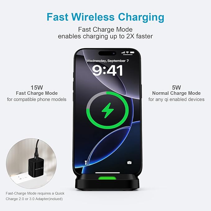 15W Samsung S25 Wireless Charger Fast Charging Stand for Galaxy S25 Ultra/S25 Plus/S24 Ultra/Z Flip7/Fold7, Android Wireless Charging Station with QC Adapter for Pixel 10 9 Pro XL/Fold/8 iPhone 17 16
