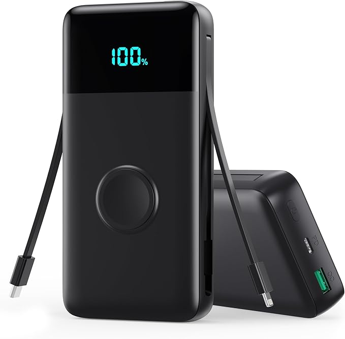 Portable Charger 40800mAh for iPhone with 2 Built-in Cable and iWatch Charger, 5-in-1 25W PD Fast Charging USB C Power Bank,QC4.0 LED Display Battery Pack for iPhone 16/15/14/13/12,Android,Apple Watch