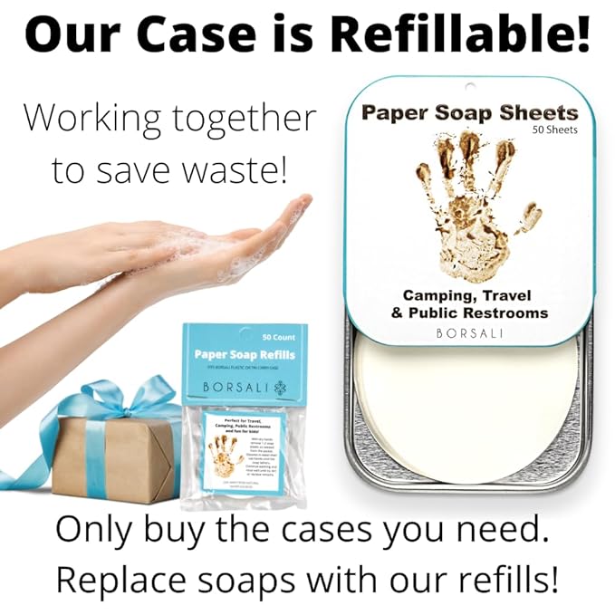 BORSALI Paper Soap Sheets for Traveling - Portable Paper Hand Soap for Hiking, Camping, Public Restrooms - Dissolvable Travel & Backpacking Gear - 1 Case with 50 PIeces and 3 Refills To Go;