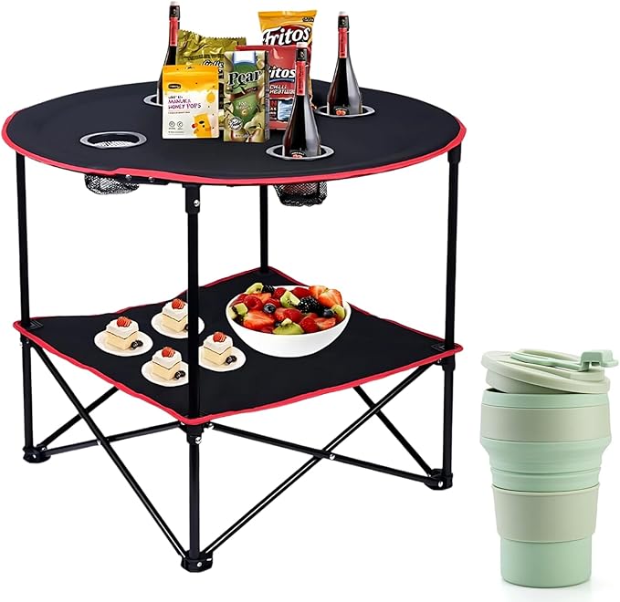 Folding Camping Table, 2-Tier Portable Table with Cup Holders, Carry Bag and Folding Cup, Small Camp Table for Tailgate, Picnic, BBQ, Beach, Fishing & Outdoor Use
