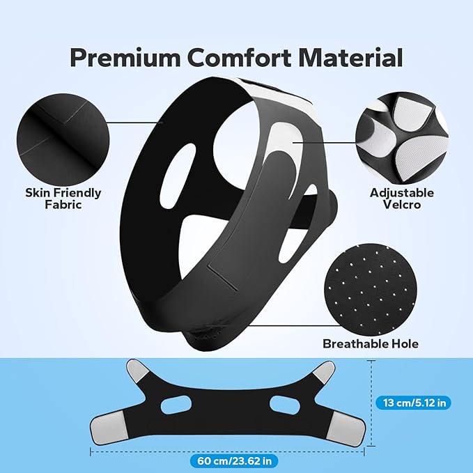 Anti-Snoring Chin Strap, Adjustable Chin Strap for Sleeping, Anti Snore Solution, Snoring Stopper, Chin Strap for Mouth Breathing Prevention (Black, Large)