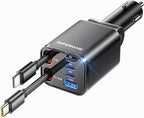 Retractable Car Charger, SUPERONE 99W Car Phone Charger with Cables Fast Charging, USB C Car Charger Adapter for iPhone 17 16 15 14 13 12, Samsung, Black