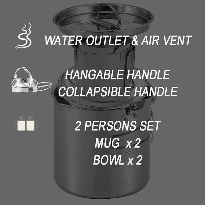 Camping Coffee Kettle and Mugs Set - Stainless Steel Pot with Collapsible Handle and Lid - Boiling Water with Open Fire for Hiking Backpacking Picnic Outdoor - 1.2 L