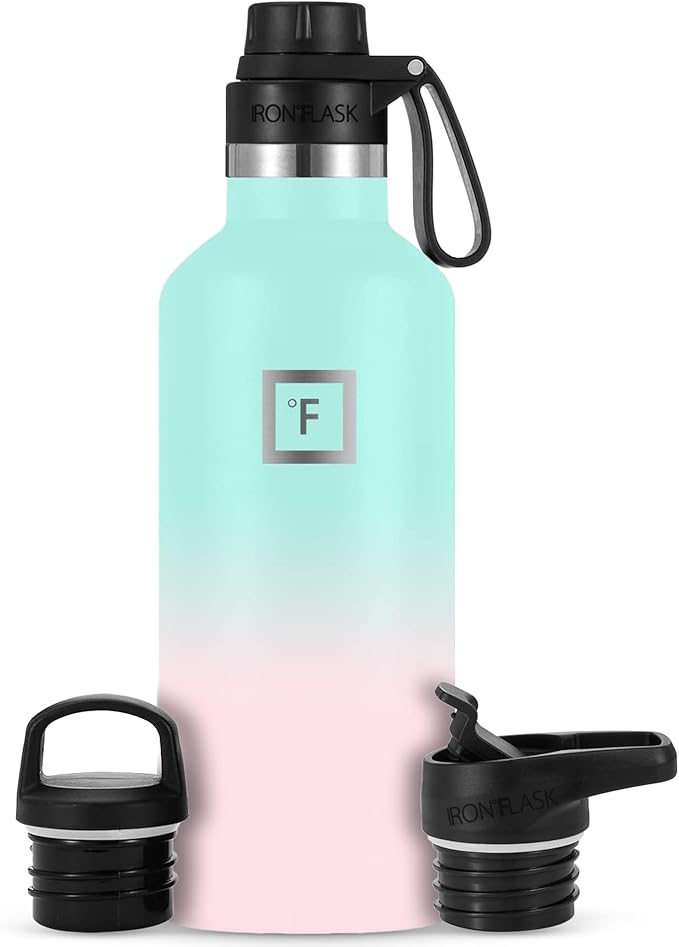 IRON °FLASK Camping & Hiking Hydration Canteens - 3 Lids (Narrow Spout Lid) Leak Proof Vacuum Insulated Stainless Steel - Hot & Cold Double Walled Sports Water Bottle - Bubble Gum, 32 Oz