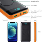 Wireless Portable Charger 30800mAh 15W Wireless Charging 25W PD QC4.0 Fast Charging Smart LED Display USB C Power Bank 4 Output and 2 Input External Battery Pack Compatible with iPhone Samsung-Orange
