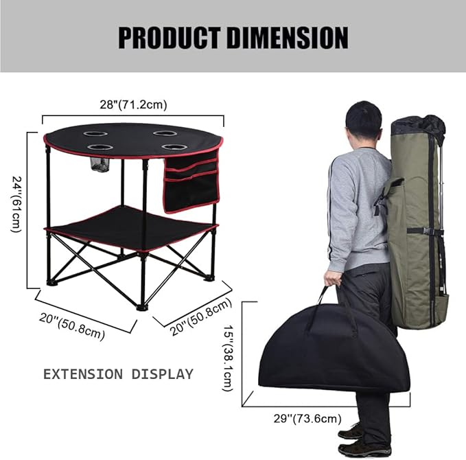 LEADALLWAY Camping Table Folding Picnic Table with 4 Cup Holders and Side Storage Bag Collapsible Canvas Portable Tables Folding with Carry Bags for BBQ Outdoor Fishing