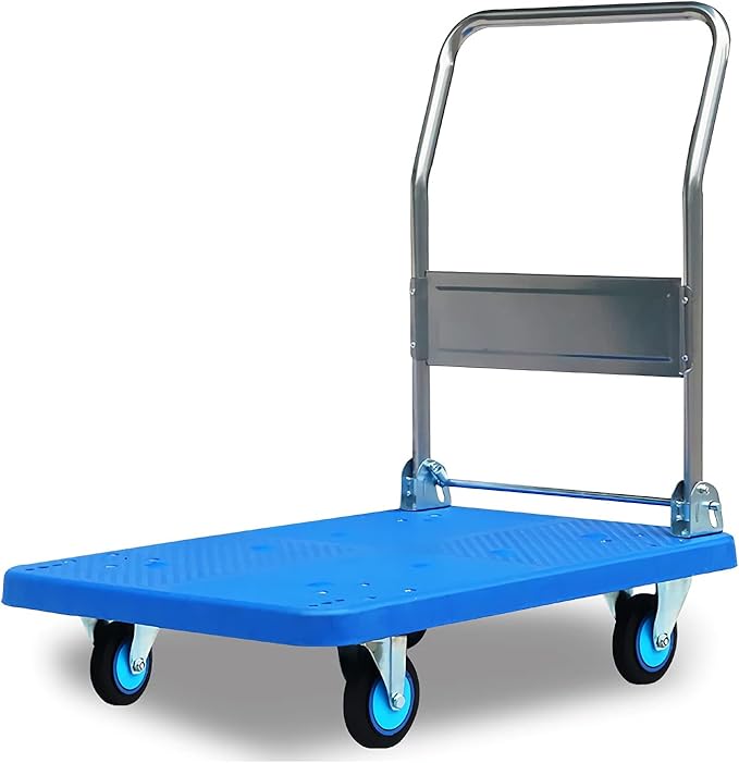 Heavy Duty Flatbed Hand Cart with Mute Wheels Foldable Metal Handle Plastic Platform Truck for Transporting Baggage Books and Moving – 350-lb Capacity Trolley