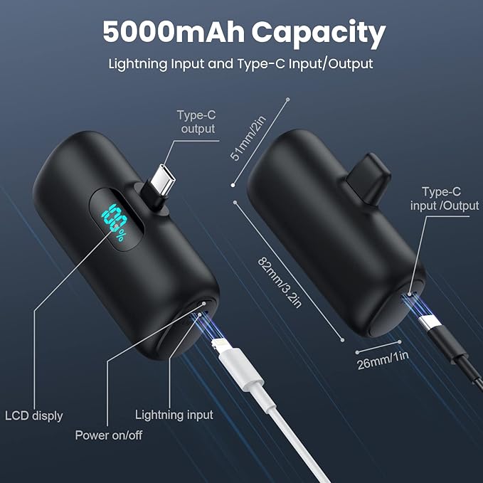 Mini Portable Charger 5000mAh Power Bank,15W PD USB C Cell Phone Portable Power, LCD Display Battery Pack Compatible With iPhone 15/15 Plus/15 Pro/15 Pro Max/Android/Samsung/Moto/LG (Type-C Only)