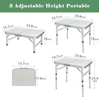 Small Folding Camping Table, 2ft Portable Picnic Table Aluminum 24" x 16" Folding Table, 3 Adjustable Heights Portable Lightweight Table Dining Table for RV, Picnic, Beach (White)