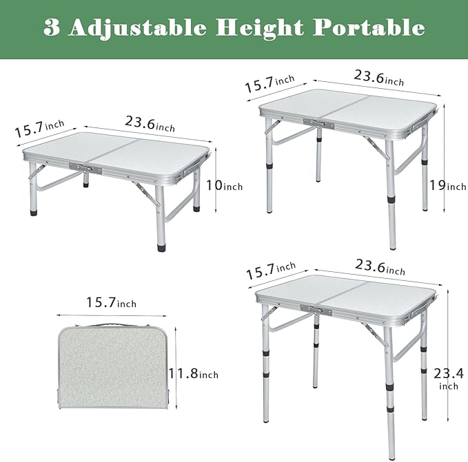 Small Folding Camping Table, 2ft Portable Picnic Table Aluminum 24" x 16" Folding Table, 3 Adjustable Heights Portable Lightweight Table Dining Table for RV, Picnic, Beach (White)