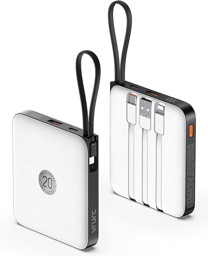 VRURC Portable Charger with Built-in 4 Cables, 10000mAh Battery Pack PD 20W for iPhone, 22.5W USB C Travel Power Bank for iPhone 16 15 14 13 Samsung Galaxy S23 S22 Google Android Phones, Whtie