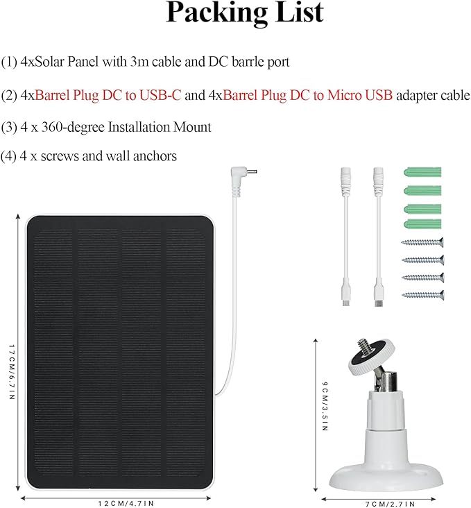 4-Pack 5W Solar Panels for Security Cameras with 360° Adjustable Mounting - IP65 Waterproof - 9.8 Ft Charging Cable - Micro USB & USB-C & DC3.5mm Ports