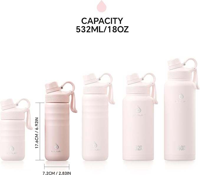 IDEUS Insulated Stainless Steel Water Bottle with 2 Leak-Proof Lids, Thermal Water Flask for Hiking Biking, 18oz, Light Pink
