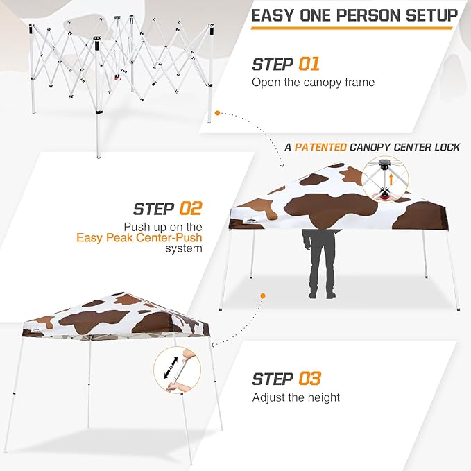EAGLE PEAK 10x10 Slant Leg Pop-up Canopy Tent Easy One Person Setup Instant Outdoor Beach Canopy Folding Portable Sports Shelter 10x10 Base 8x8 Top (Brown Cow Print)