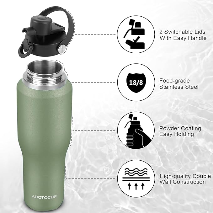 40oz Water Bottle with Powder Coated, Fit in Any Car Cup Holder, Water Bottle with Straw Lids, Stainless Steel Insulated Water Flask Double Wall Leak-proof BPA Free to Keep Cold&Hot