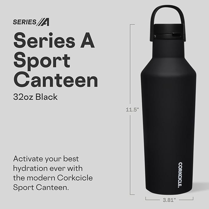 Corkcicle Sport Canteen - Keeps Drinks Cold 25 Hours - Stainless Steel Water Bottle - Triple-Insulated - Spill-Proof - Summer Drinkware Gift - Keeps Drinks Ice Cold - 20 oz - Black