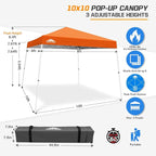 EAGLE PEAK 10x10 Slant Leg Pop-up Canopy Tent Easy One Person Setup Instant Outdoor Beach Canopy Folding Portable Sports Shelter 10x10 Base 8x8 Top (Orange)
