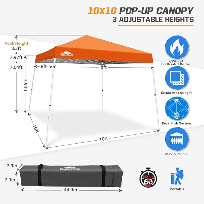 EAGLE PEAK 10x10 Slant Leg Pop-up Canopy Tent Easy One Person Setup Instant Outdoor Beach Canopy Folding Portable Sports Shelter 10x10 Base 8x8 Top (Orange)