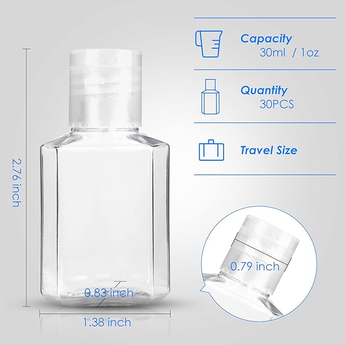 Saiveina 30 Pcs 1 oz Travel Bottles, Empty Hand Sanitizer Bottles, Portable, Refillable Containers for Business Trip