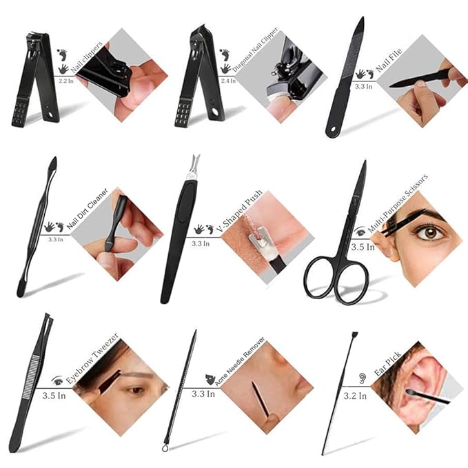 HANTEKAS Manicure Set 9 in 1 Stainless Steel, Nail Clippers Scissors Pedicure Tools Kit - Portable Travel Grooming Kit for Men and Women with Black/Blue Leather Case (Blue)