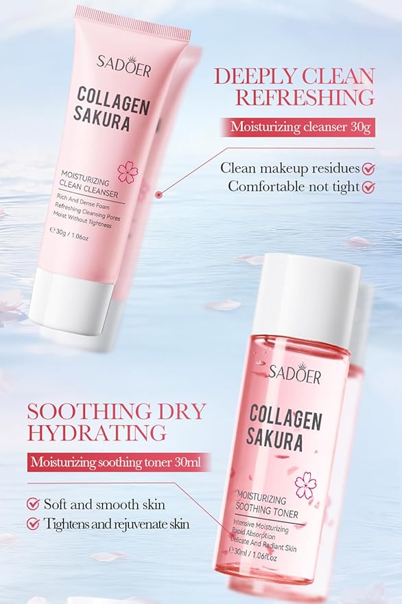 Travel Collagen Sakura Skincare Kit, 6pcs Skin Care Set include Cleanser, Toner, Lotion, Eye Cream, Serum & Face Cream, Hydrating & Soothing for All Skin Types, Perfect for Travel & Gift