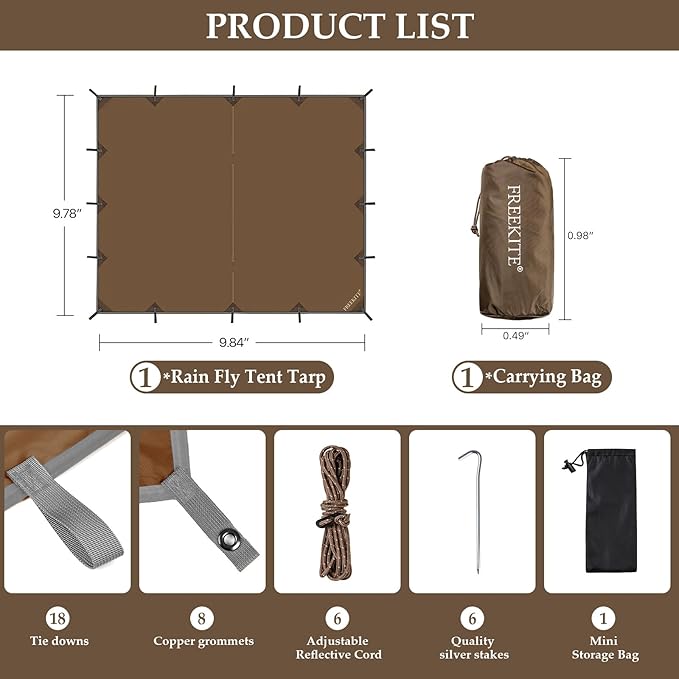 Camping Tarp Tent Portable Multifunctional Bushcraft Backpacking Tear-Resistant Fabric Rain Fly Tarps Awning Shelter Lightweight Waterproof Tarp(10×10 tarp)