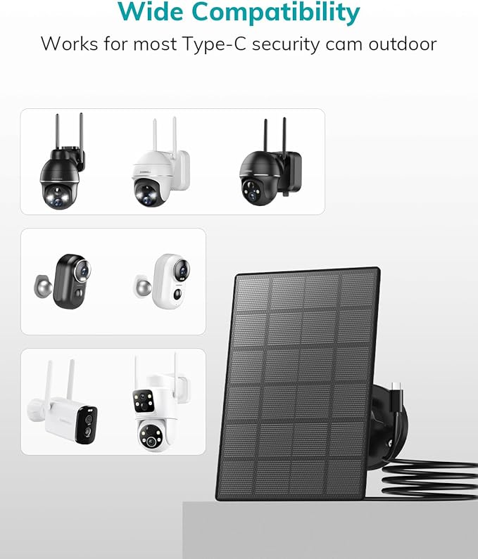 ZUMIMALL 3W Solar Panel for Outdoor Camera Wireless Camera,X2/X1/F5, IP66 Waterproof Solar Panel with 10Ft Type C Charge Cable, Power Supply for Security Camera（Type C Port）