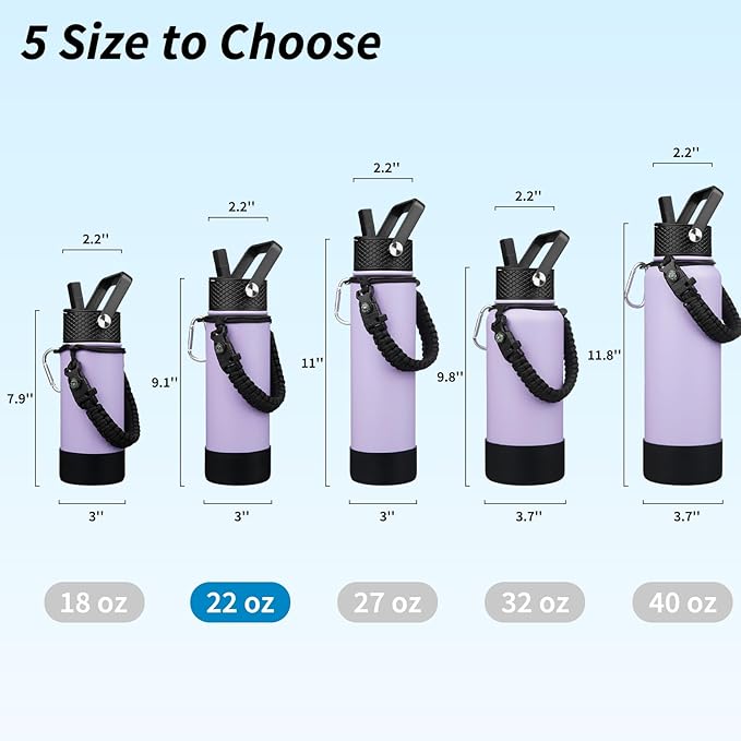 BJPKPK Insulated Water Bottle with Straw Lid, 22oz Thermo Water Bottles with 3 Lids, Paracord Handle & Non-slip Boot, BPA Free Leak Proof Stainless Steel Tumblers,Lavender