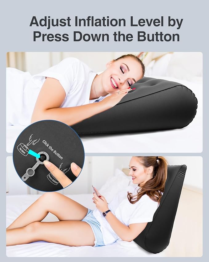 Luxtude Inflatable Wedge Pillow for Sleeping, Travel Wedge Pillow for Back Pain Relief, Knee Leg Elevation Support, Inflatable Bed Pillows for Sleeping, Back Support for Sitting Up-Black